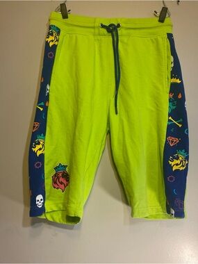 SWITCH REMARKABLE cotton drawstring pockets SKATER SHORTS Yellow Blue Skull Sz L